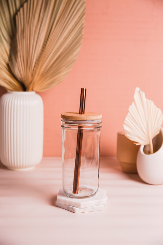 Buy Grey Glass Tumbler with Bamboo Straw & Lid Online
