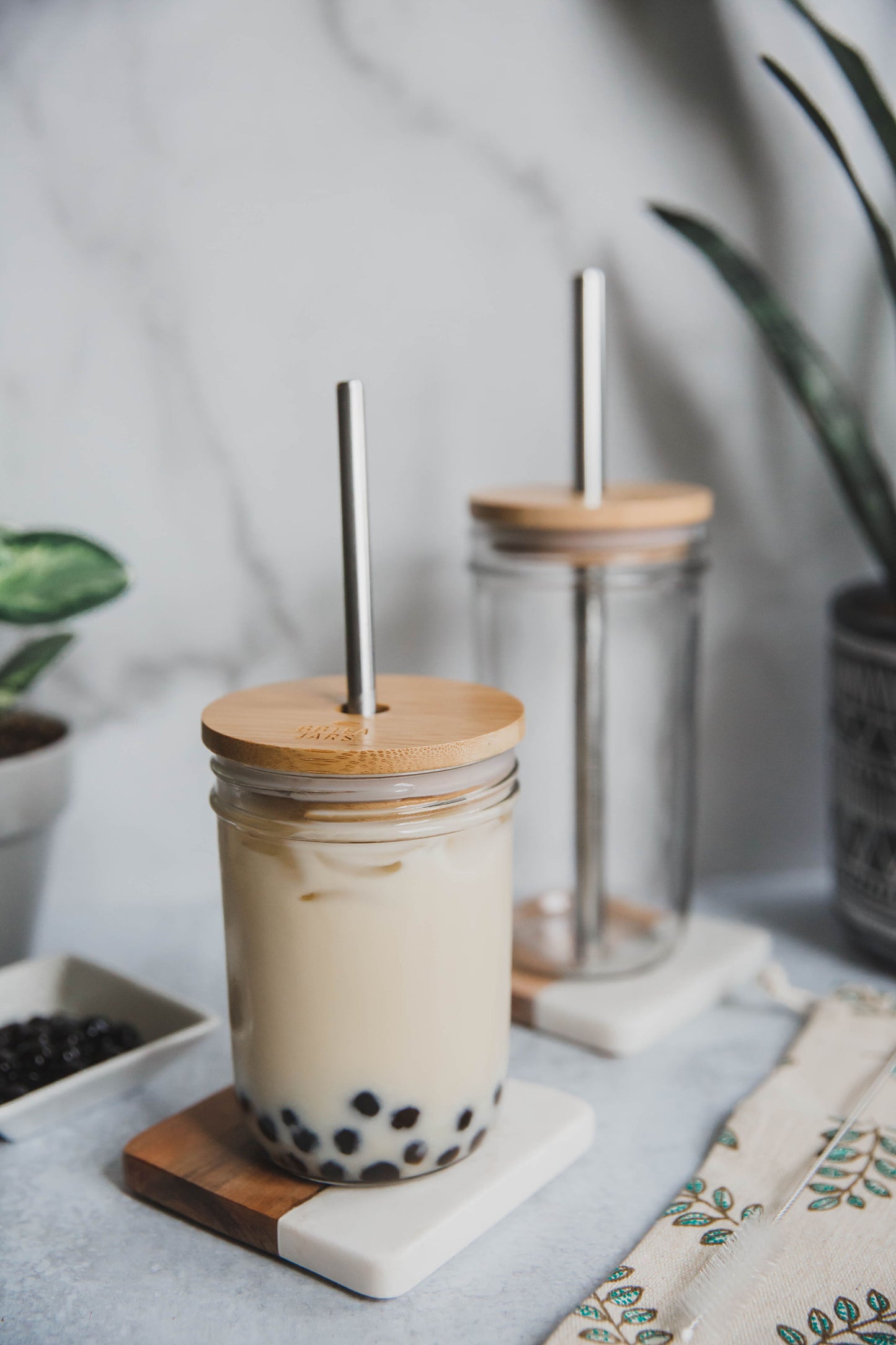 Reusable 20oz/16oz Glass  Boba Tea Cup With Bamboo Lid, Tumbler - Personalization Custom Option Available